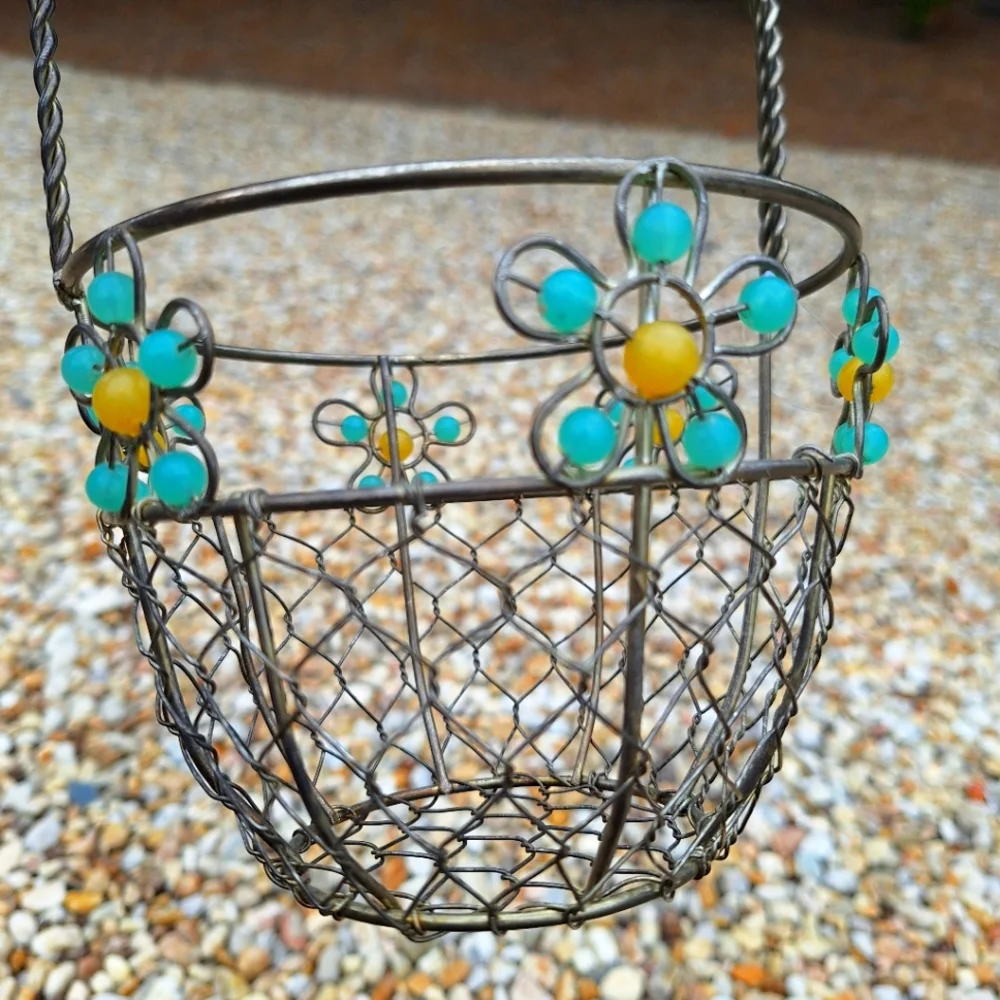 Beaded Easter Basket Silver Metal Woven Steel Aluminum Container w Handle Silver